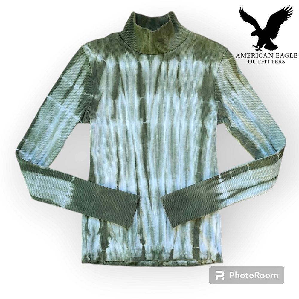 American Eagle NWOT Mock Neck Tie Dye Green Cotton Ribbed Fitted Sweater